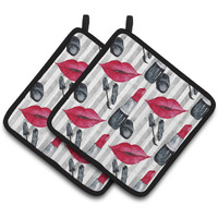 "Caroline's Treasures Watercolor Lipstick and Grey Stripes Decorated Pot Holder, 7.5"" x 7.5"", Multicolor"