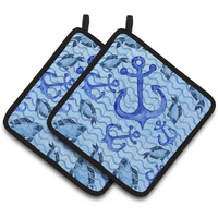 "Caroline's Treasures Beach Watercolor Anchors and Fish Decorated Pot Holder, 7.5"" x 7.5"", Multicolor"
