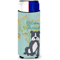 "Caroline's Treasures Welcome Friends Black Staffie Decorative Can Hugger, Multicolor"
