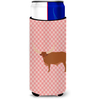 "Caroline's Treasures Ankole-Watusu Cow Pink Check Decorative Can Hugger, Slim, Multicolor"