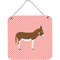 "Caroline's Treasures Pink Check Miniature Mediterranian Donkey Metal Print, 6"" H x 6"" W"