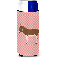 "Caroline's Treasures Miniature Mediterranian Donkey Pink Check Decorative Can Hugger, Slim, Multicolor"