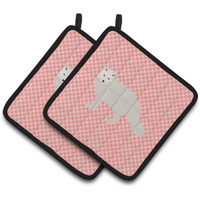 "Caroline's Treasures White Arctic Fox Pink Check Decorated Pot Holder, 7.5"" x 7.5"""