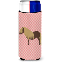 "Caroline's Treasures Shetland Pony Horse Pink Check Decorative Can Hugger, Slim, Multicolor"