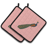 "Caroline's Treasures Indian Peacock Peafowl Pink Check Decorated Pot Holder, 7.5"" x 7.5"""
