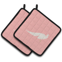 "Caroline's Treasures White Peacock Peafowl Pink Check Decorated Pot Holder, 7.5"" x 7.5"""
