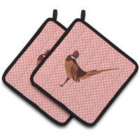 "Caroline's Treasures Ring-necked Common Pheasant Pink Check Decorated Pot Holder, 7.5"" x 7.5"""