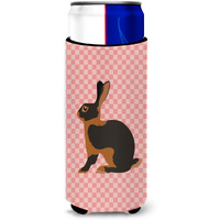 "Caroline's Treasures Tan Rabbit Pink Check Decorative Can Hugger, Slim, Multicolor"