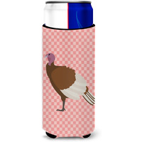 "Caroline's Treasures Bourbon Red Turkey Hen Pink Check Decorative Can Hugger, Slim, Multicolor"