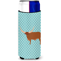 "Caroline's Treasures Ankole-Watusu Cow Blue Check Decorative Can Hugger, Slim, Multicolor"