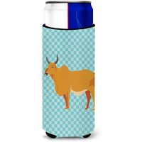 "Caroline's Treasures Zebu Indicine Cow Blue Check Decorative Can Hugger, Slim, Multicolor"