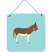 "Caroline's Treasures Blue Check Miniature Mediterranian Donkey Metal Print, 6"" H x 6"" W"