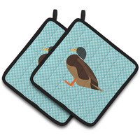 "Caroline's Treasures Silver Bantam Duck Blue Check Decorated Pot Holder, 7.5"" x 7.5"""
