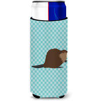 "Caroline's Treasures Eurasian Beaver Blue Check Decorative Can Hugger, Slim, Multicolor"