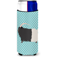 "Caroline's Treasures Welsh Black-Necked Goat Blue Check Decorative Can Hugger, Slim, Multicolor"