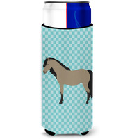 "Caroline's Treasures Welsh Pony Horse Blue Check Decorative Can Hugger, Slim, Multicolor"