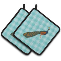 "Caroline's Treasures Indian Peacock Peafowl Blue Check Decorated Pot Holder, 7.5"" x 7.5"""