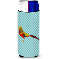 "Caroline's Treasures Golden or Chinese Pheasant Blue Check Decorative Can Hugger, Slim, Multicolor"