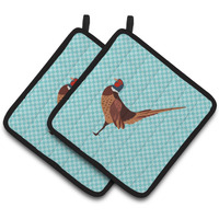 "Caroline's Treasures Ring-necked Common Pheasant Blue Check Decorated Pot Holder, 7.5"" x 7.5"""