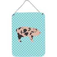 "Caroline's Treasures Mini Miniature Pig Blue Check Metal Print, 16hx12w, Multicolor"