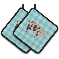"Caroline's Treasures Mini Miniature Pig Blue Check Decorated Pot Holder, 7.5"" x 7.5"""