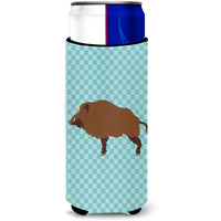 "Caroline's Treasures Wild Boar Pig Blue Check Decorative Can Hugger, Slim, Multicolor"
