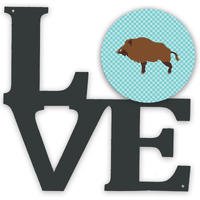 "Caroline's Treasures Wild Boar Pig Blue Check Metal Artwork Love wall-decor, Multicolor"