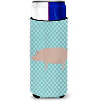 "Caroline's Treasures English Large White Pig Blue Check Decorative Can Hugger, Slim, Multicolor"