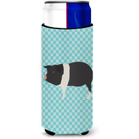 "Caroline's Treasures Hampshire Pig Blue Check Decorative Can Hugger, Slim, Multicolor"