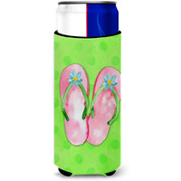 "Caroline's Treasures Pink Flip Flops Green Polkadot Beverage Insulator Hugger, Slim, Multicolor"