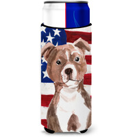 "Caroline's Treasures Red Staffie Bull Terrier Patriotic Decorative Can Hugger, Slim, Multicolor"