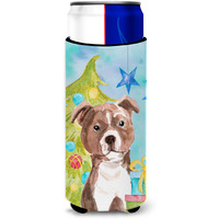 "Caroline's Treasures Red Staffie Bull Terrier Christmas Decorative Can Hugger, Slim, Multicolor"