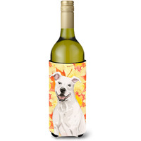 "Caroline's Treasures White Staffie Bull Terrier Fall Decorative Bottle Hugger, 750ml, Multicolor"