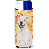 "Caroline's Treasures White Staffie Bull Terrier Fall Decorative Can Hugger, Slim, Multicolor"