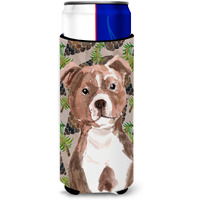 "Caroline's Treasures Red Staffie Bull Terrier Pine Cones Decorative Can Hugger, Slim, Multicolor"