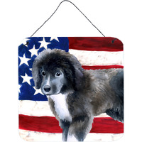 "Caroline's Treasures Newfoundland Puppy Patriotic Metal Print, 6h x 6w, USA American Flag"