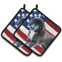 "Caroline's Treasures Newfoundland Puppy Patriotic Decorated pot holder, 7.5H x 7.5W, USA American Flag"