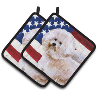 "Caroline's Treasures Bichon Frise #2 Patriotic Decorated pot holder, 7.5H x 7.5W, USA American Flag"