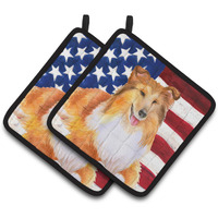 "Caroline's Treasures Sheltie Patriotic Decorated pot holder, 7.5H x 7.5W, USA American Flag"