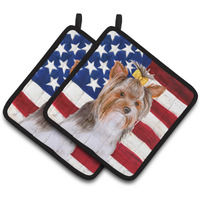 "Caroline's Treasures Yorkshire Terrier #2 Patriotic Decorated pot holder, 7.5H x 7.5W, USA American Flag"
