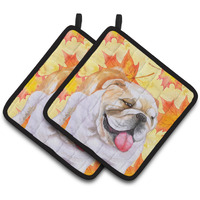 "Caroline's Treasures English Bulldog Decorated pot holder, 7.5H x 7.5W, Fall Leaves"