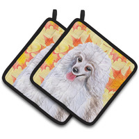"Caroline's Treasures Medium White Poodle Decorated pot holder, 7.5H x 7.5W, Fall Leaves"