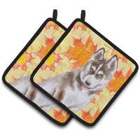 "Caroline's Treasures Siberian Husky Grey Decorated pot holder, 7.5H x 7.5W, Fall Leaves"
