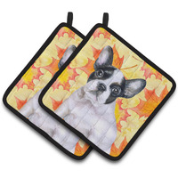 "Caroline's Treasures French Bulldog Black White Decorated pot holder, 7.5H x 7.5W, Fall Leaves"