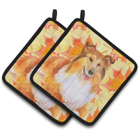 "Caroline's Treasures Sheltie Decorated pot holder, 7.5H x 7.5W, Fall Leaves"