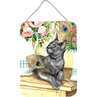 "Caroline's Treasures Cat and Peacock Feathers Wall or Door Hanging Prints CDCO0035DS1216, 16HX12W, Multicolor"
