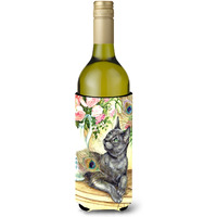 "Caroline's Treasures Cat and Peacock Feathers Wine Bottle Koozie Hugger, 750ml, Multicolor"