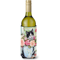 "Caroline's Treasures Black and White Rose Cat Wine Bottle Koozie Hugger, 750ml, Multicolor"