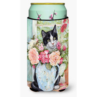 "Caroline's Treasures Black and White Rose Cat Tall Boy Koozie Hugger, Multicolor"
