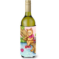 "Caroline's Treasures CDCO0320LITERK ""Valentine Cat Fishing For Love"" Wine Bottle Beverage Insulator Hugger, 750ml, Multicolor"